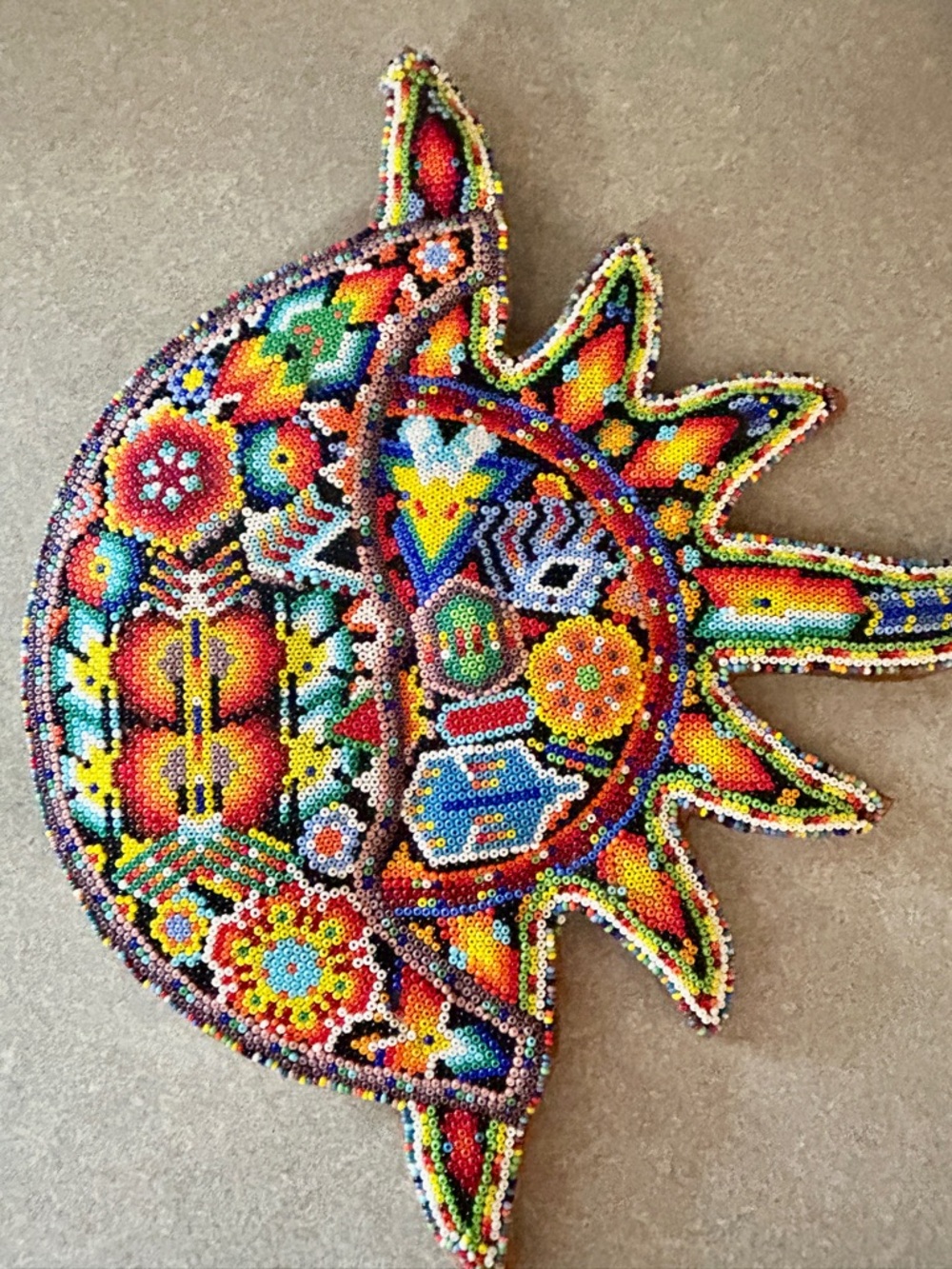 Handmade Huichol Multicolor Beaded Sun and Moon Wall Decor - Vibrant Boho Accent